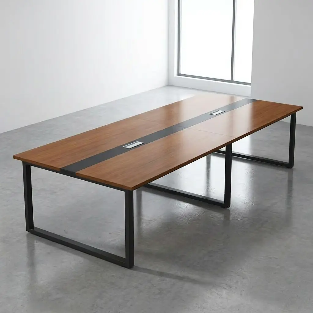 2400mm boardroom meeting table featuring a rectangular cherry wood tabletop with a central black accent strip, two integrated flip-up silver data and power outlet boxes, and a sturdy industrial black metal open-loop trestle frame.