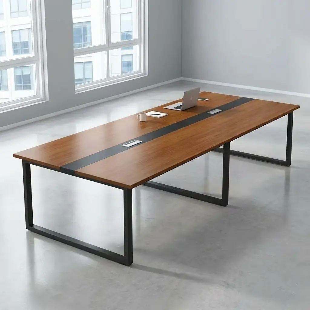 2400mm boardroom meeting table featuring a rectangular cherry wood tabletop with a central black accent strip, two integrated flip-up silver data and power outlet boxes, and a sturdy industrial black metal open-loop trestle frame.