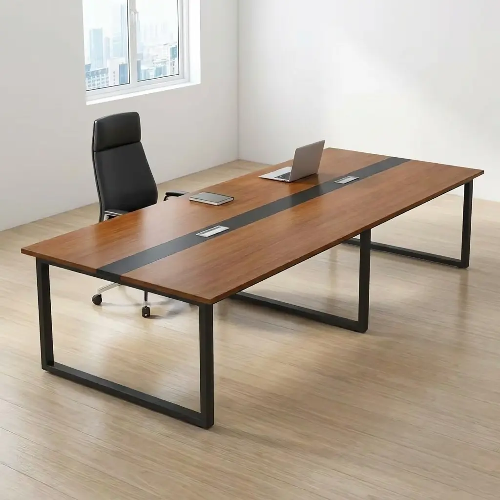 2400mm boardroom meeting table featuring a rectangular cherry wood tabletop with a central black accent strip, two integrated flip-up silver data and power outlet boxes, and a sturdy industrial black metal open-loop trestle frame.