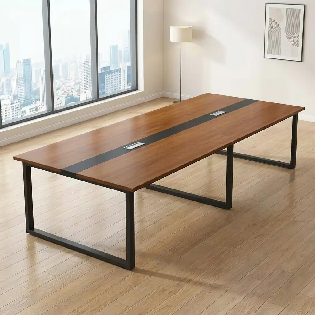 2400mm boardroom meeting table featuring a rectangular cherry wood tabletop with a central black accent strip, two integrated flip-up silver data and power outlet boxes, and a sturdy industrial black metal open-loop trestle frame.