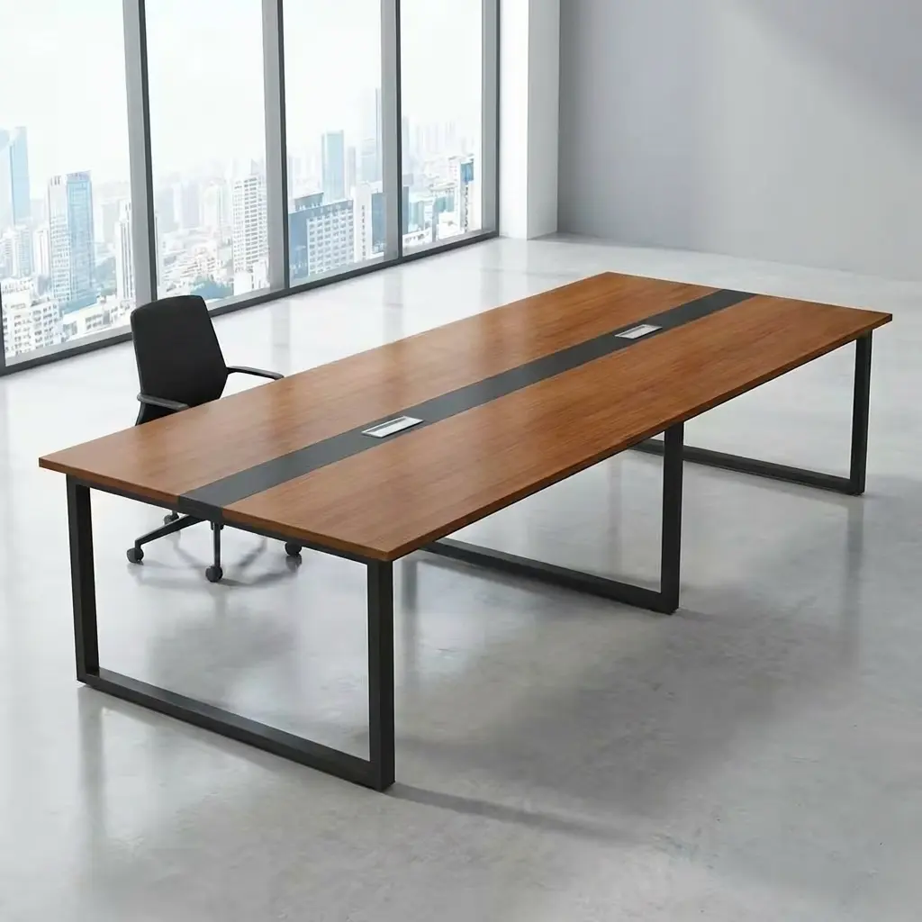 2400mm boardroom meeting table featuring a rectangular cherry wood tabletop with a central black accent strip, two integrated flip-up silver data and power outlet boxes, and a sturdy industrial black metal open-loop trestle frame.