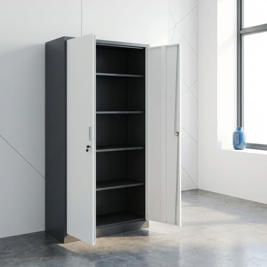 Heavy-duty 2-door metal storage cabinet in a dark grey frame with contrasting white swing doors, recessed chrome handles, and a secure key-lock mechanism.