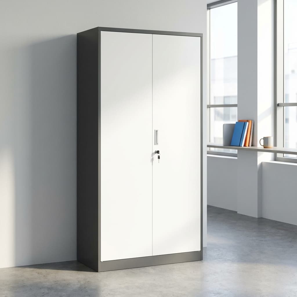 Heavy-duty 2-door metal storage cabinet in a dark grey frame with contrasting white swing doors, recessed chrome handles, and a secure key-lock mechanism.