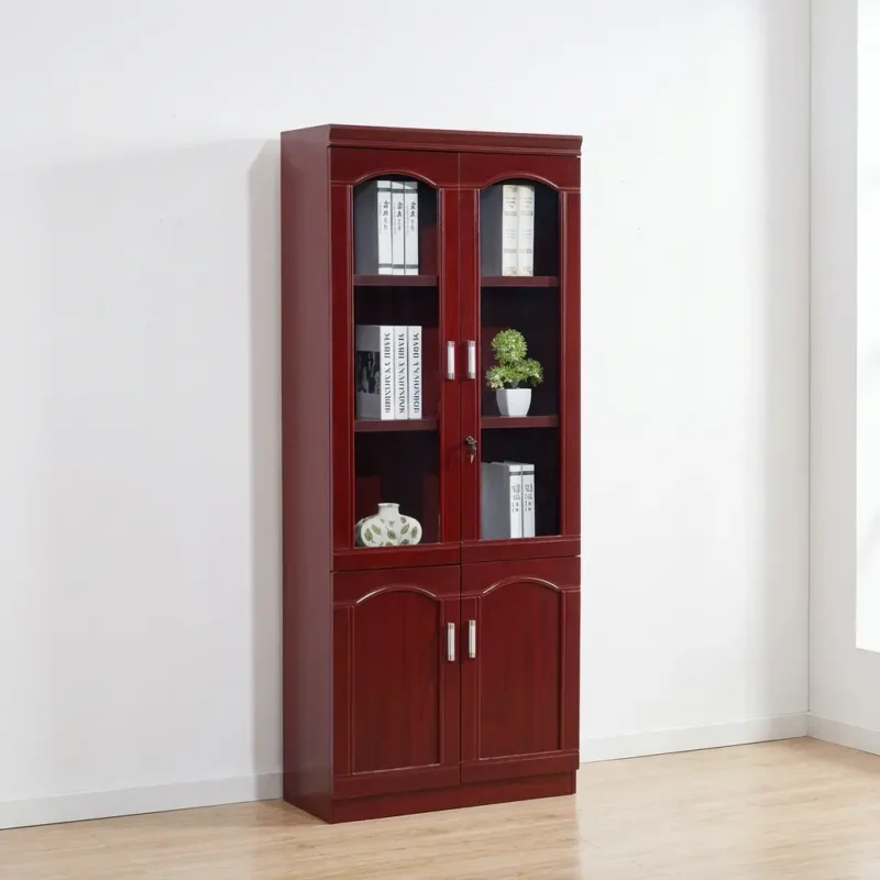 Traditional mahogany wooden office filing cabinet and bookcase with upper glass display doors, lockable lower storage doors, and silver handles for executive office organization.