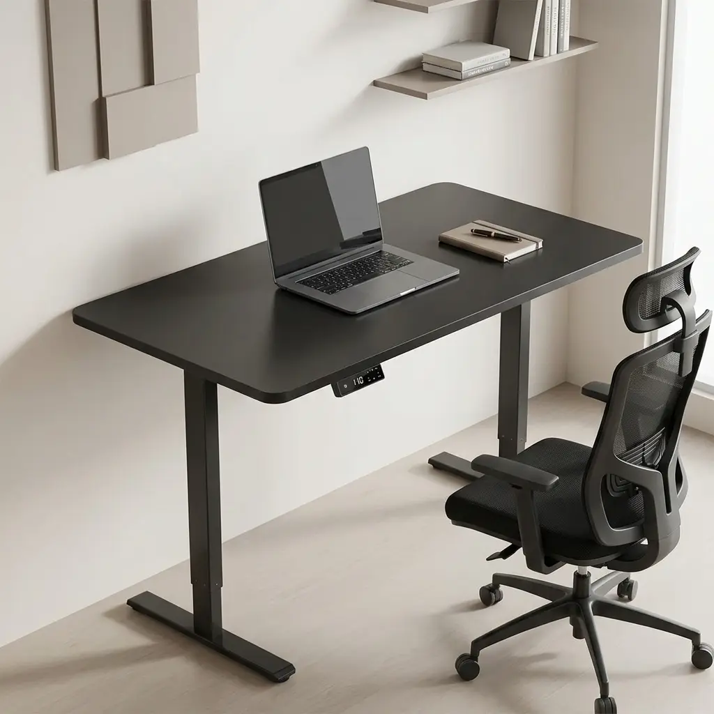 Black electric standing desk with height-adjustable T-leg frame and integrated digital control panel.