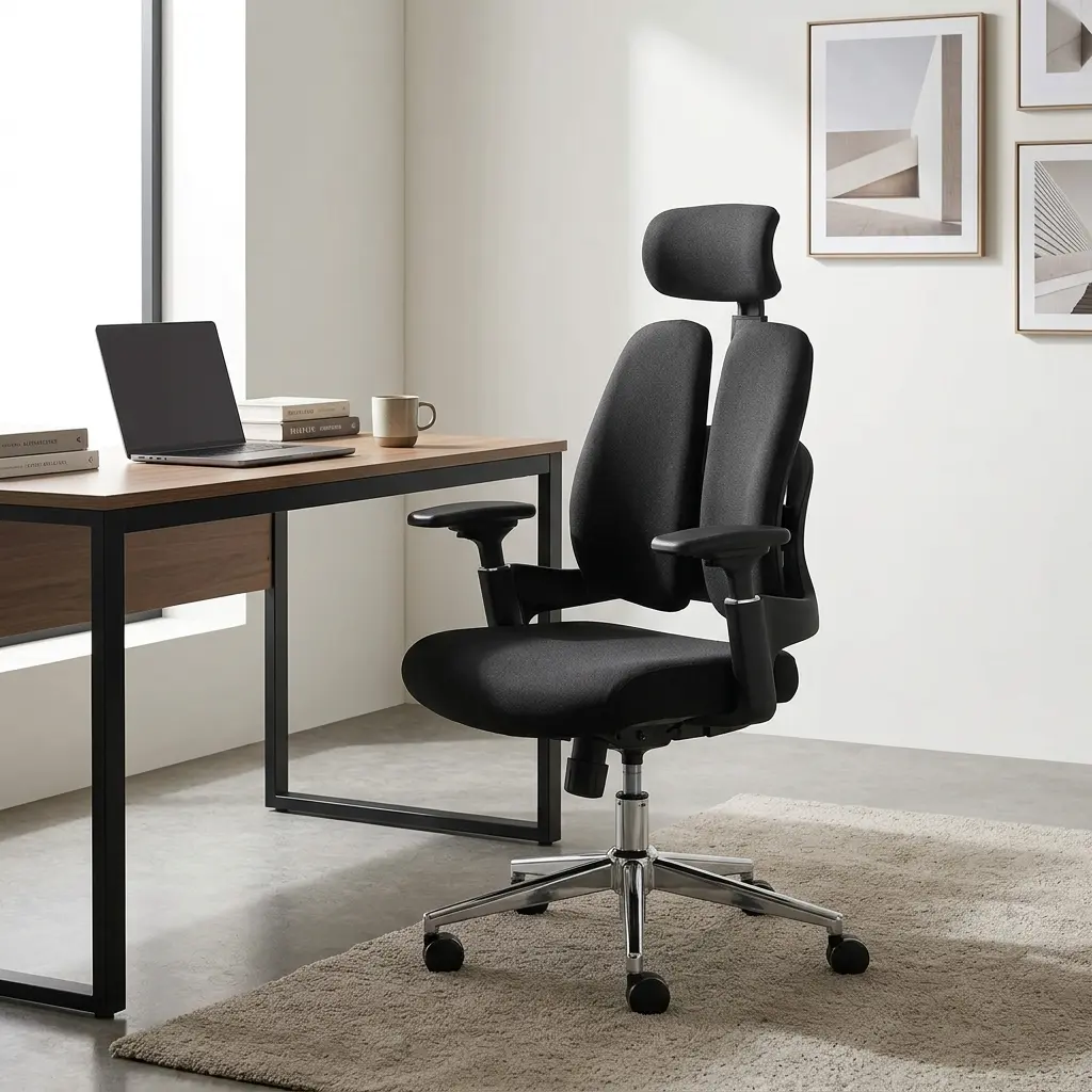 Modern black orthopedic office chair with split-back lumbar support, adjustable headrest, and chrome swivel base.