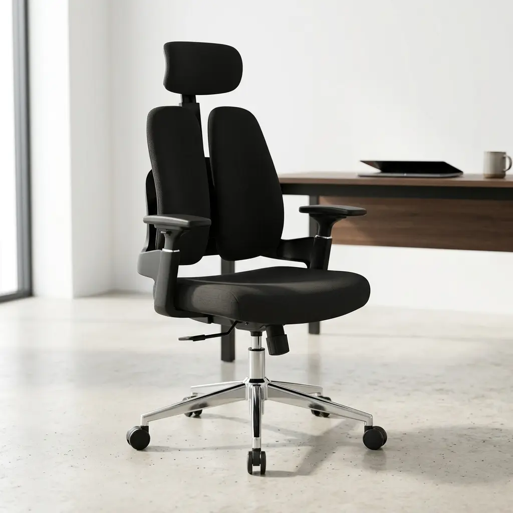 Modern black orthopedic office chair with split-back lumbar support, adjustable headrest, and chrome swivel base.