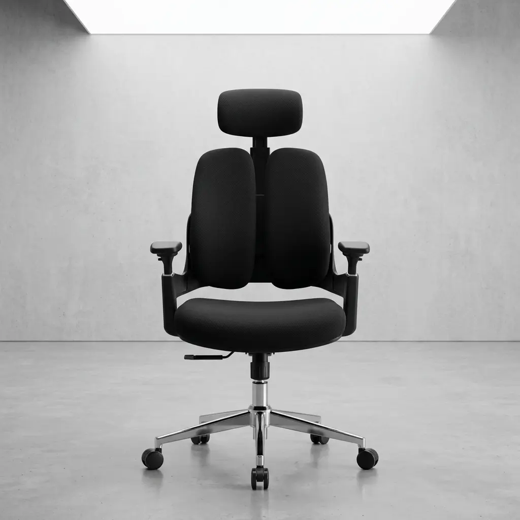 Modern black orthopedic office chair with split-back lumbar support, adjustable headrest, and chrome swivel base.