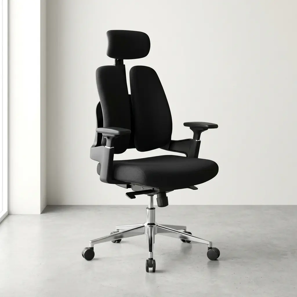 Modern black orthopedic office chair with split-back lumbar support, adjustable headrest, and chrome swivel base.