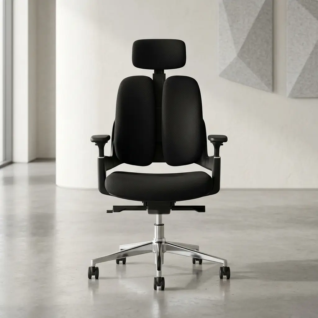 Modern black orthopedic office chair with split-back lumbar support, adjustable headrest, and chrome swivel base.
