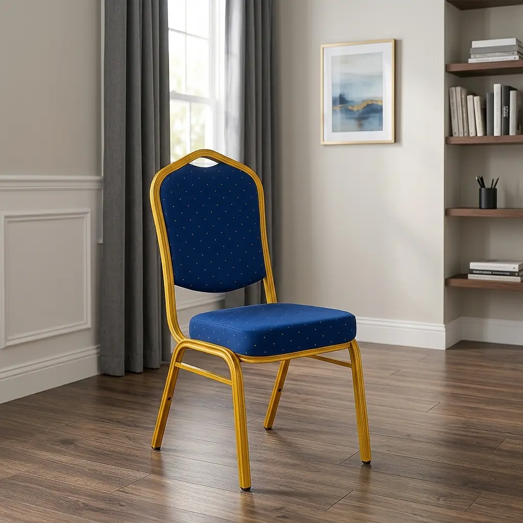 Blue stackable banquet chair with gold aluminum frame, crown back design, and patterned fabric upholstered cushion, shown individually and in a stack for event and conference seating.