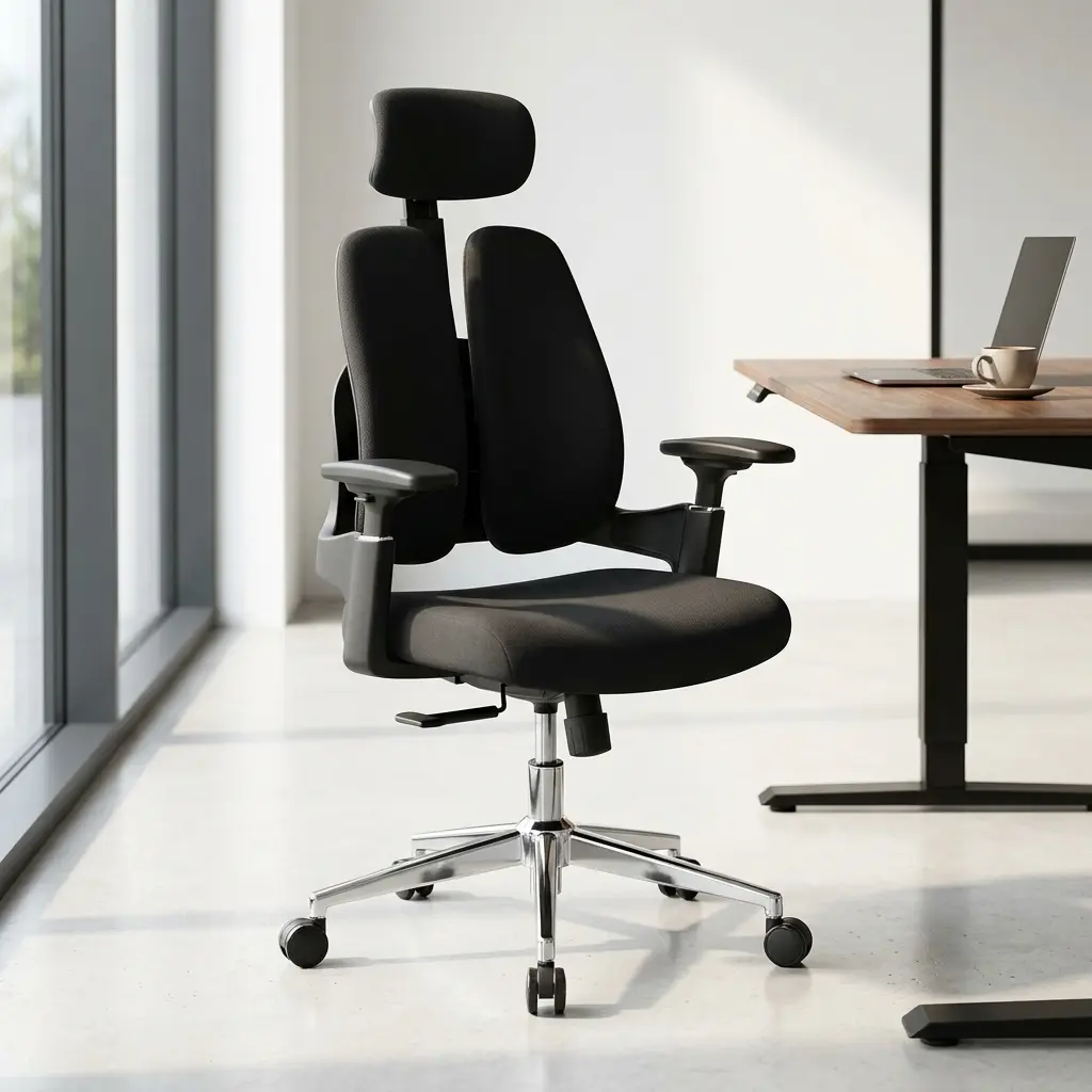 Modern black orthopedic office chair with split-back lumbar support, adjustable headrest, and chrome swivel base.