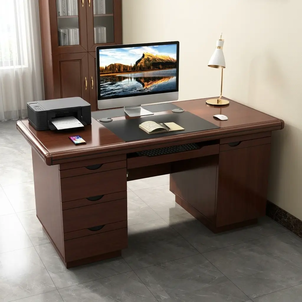 120cm mahogany executive office desk with four drawers, black leather-inlay top, and pull-out keyboard tray.