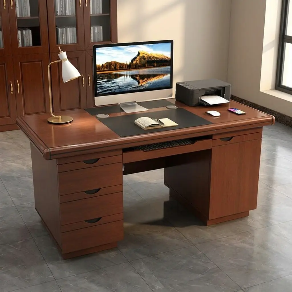 120cm mahogany executive office desk with four drawers, black leather-inlay top, and pull-out keyboard tray.