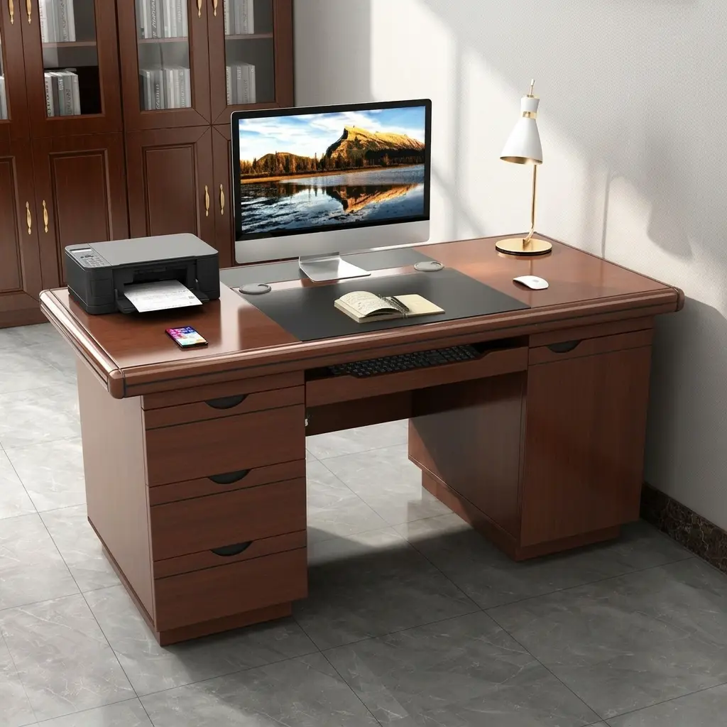 120cm mahogany executive office desk with four drawers, black leather-inlay top, and pull-out keyboard tray.