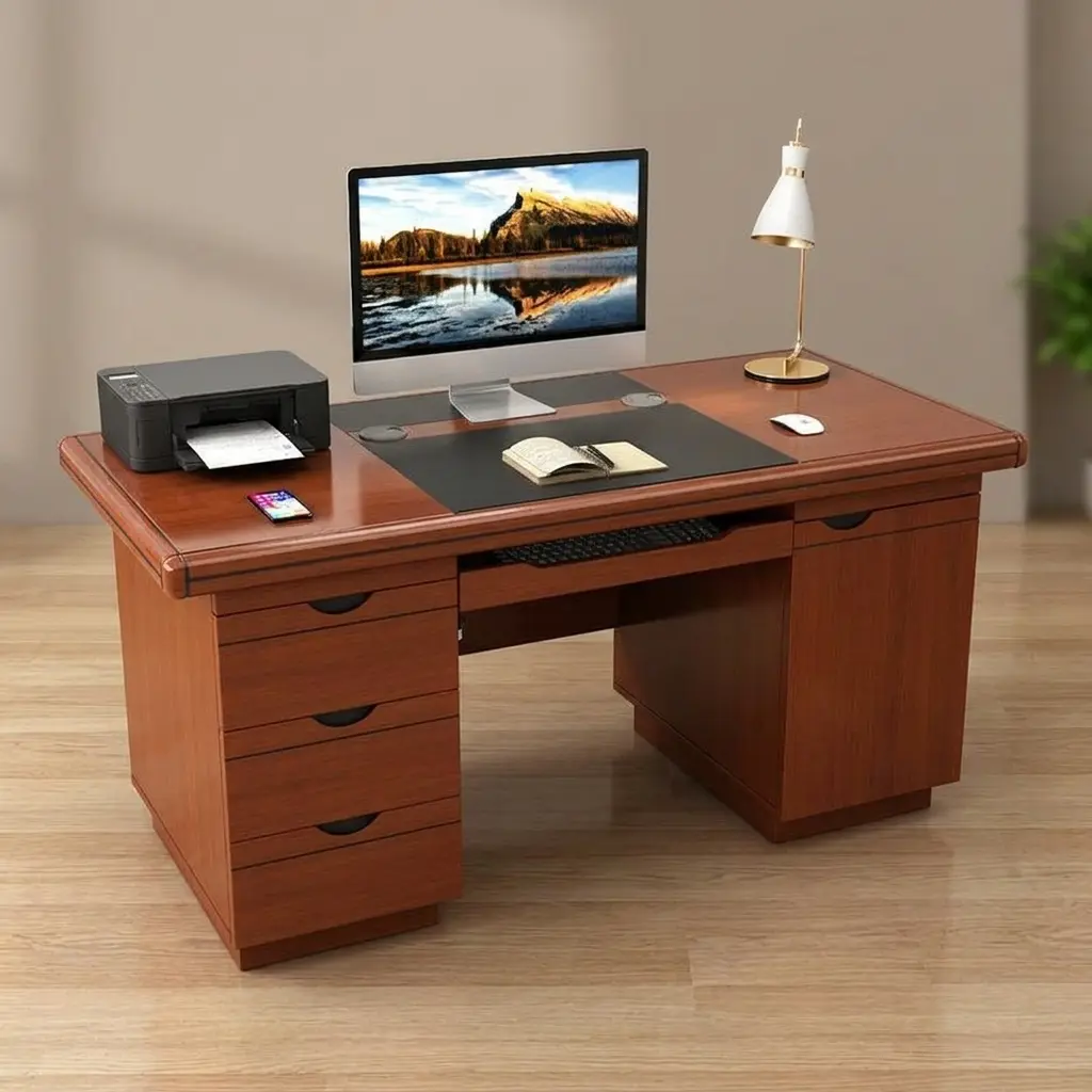 120cm mahogany executive office desk with four drawers, black leather-inlay top, and pull-out keyboard tray.