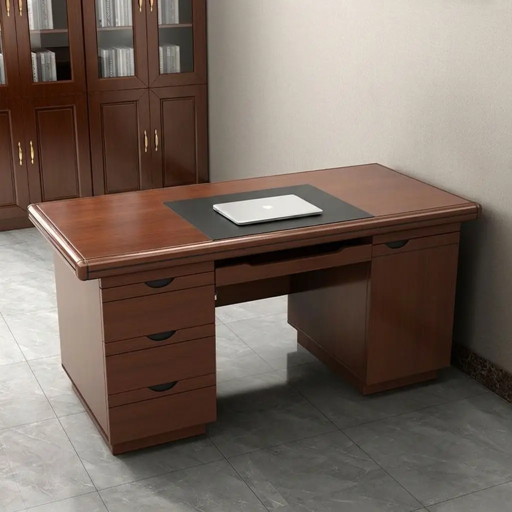 120cm mahogany executive office desk with four drawers, black leather-inlay top, and pull-out keyboard tray.