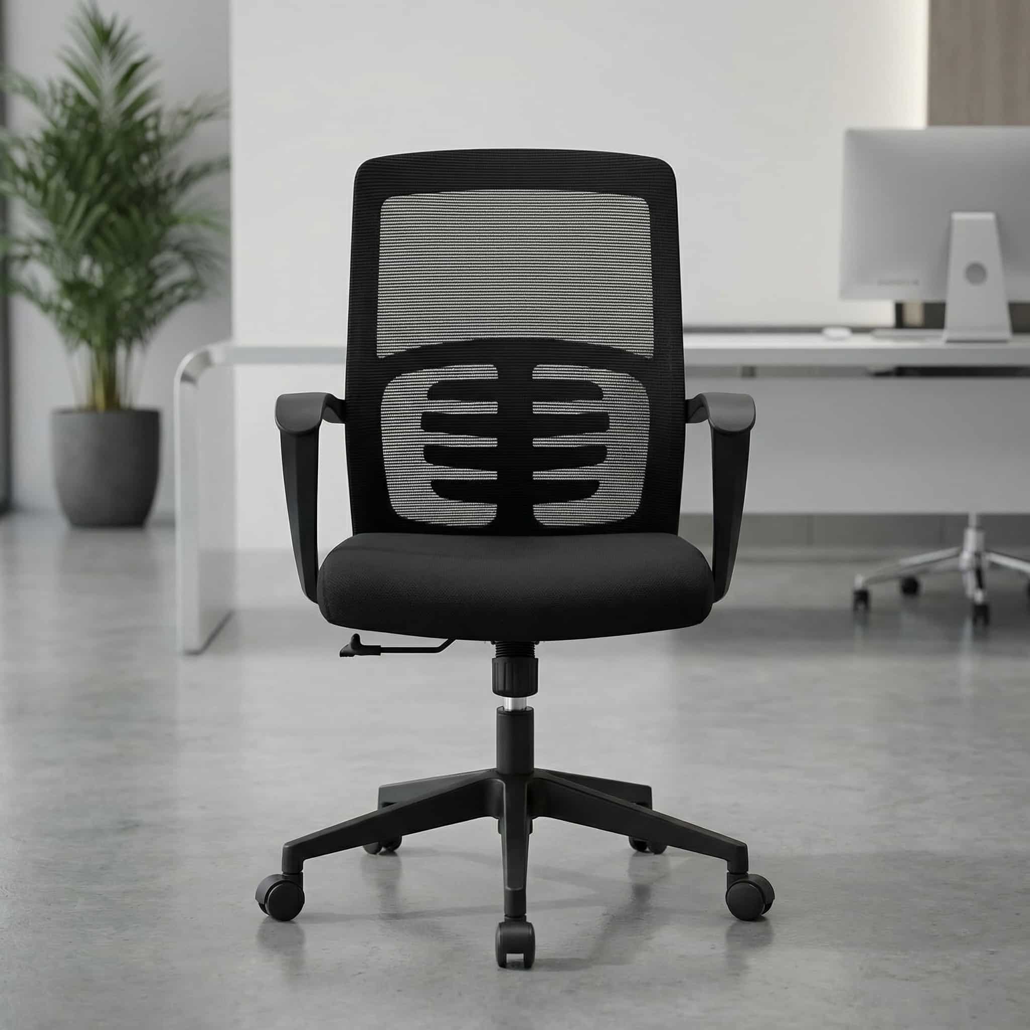 Height adjustable office chair with black mesh backrest, integrated lumbar support pattern, contoured fabric seat, fixed armrests, and a five-star nylon swivel base on wheels.