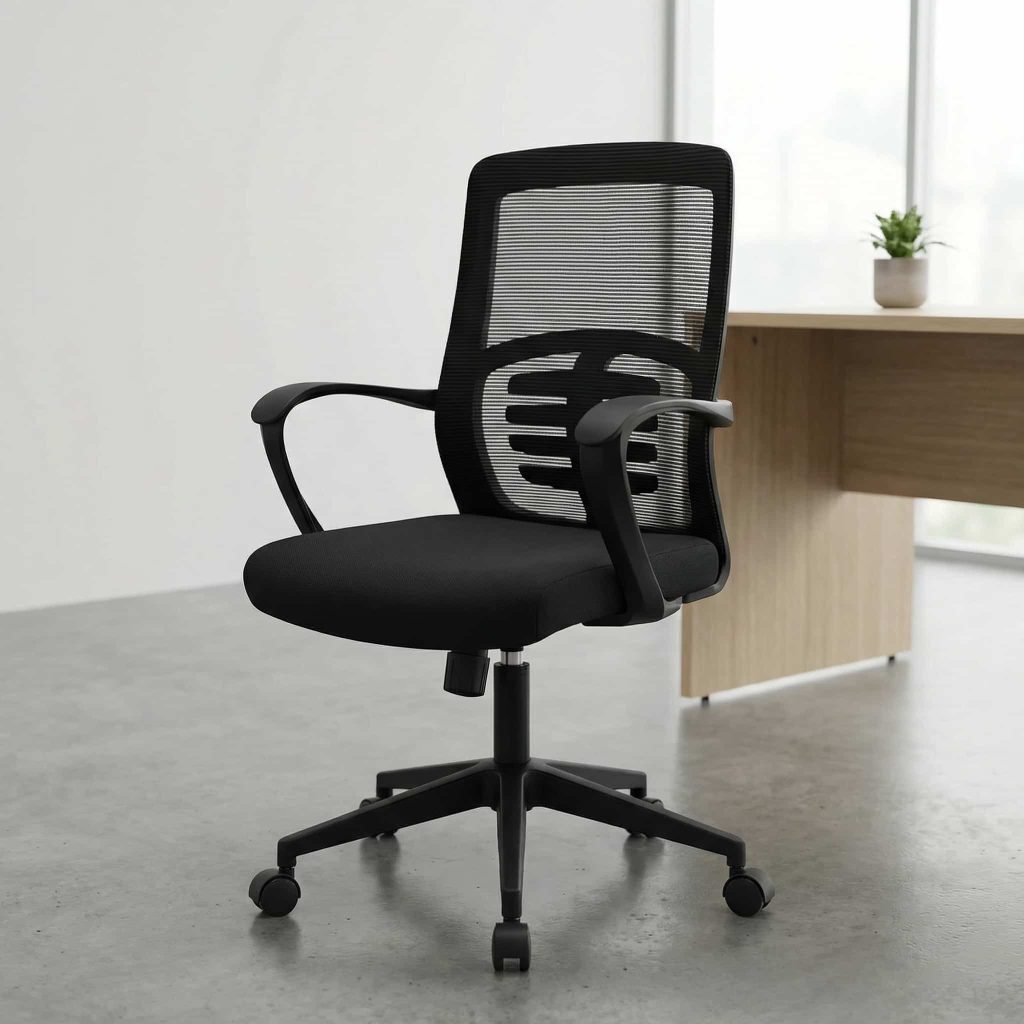 Height adjustable office chair with black mesh backrest, integrated lumbar support pattern, contoured fabric seat, fixed armrests, and a five-star nylon swivel base on wheels.