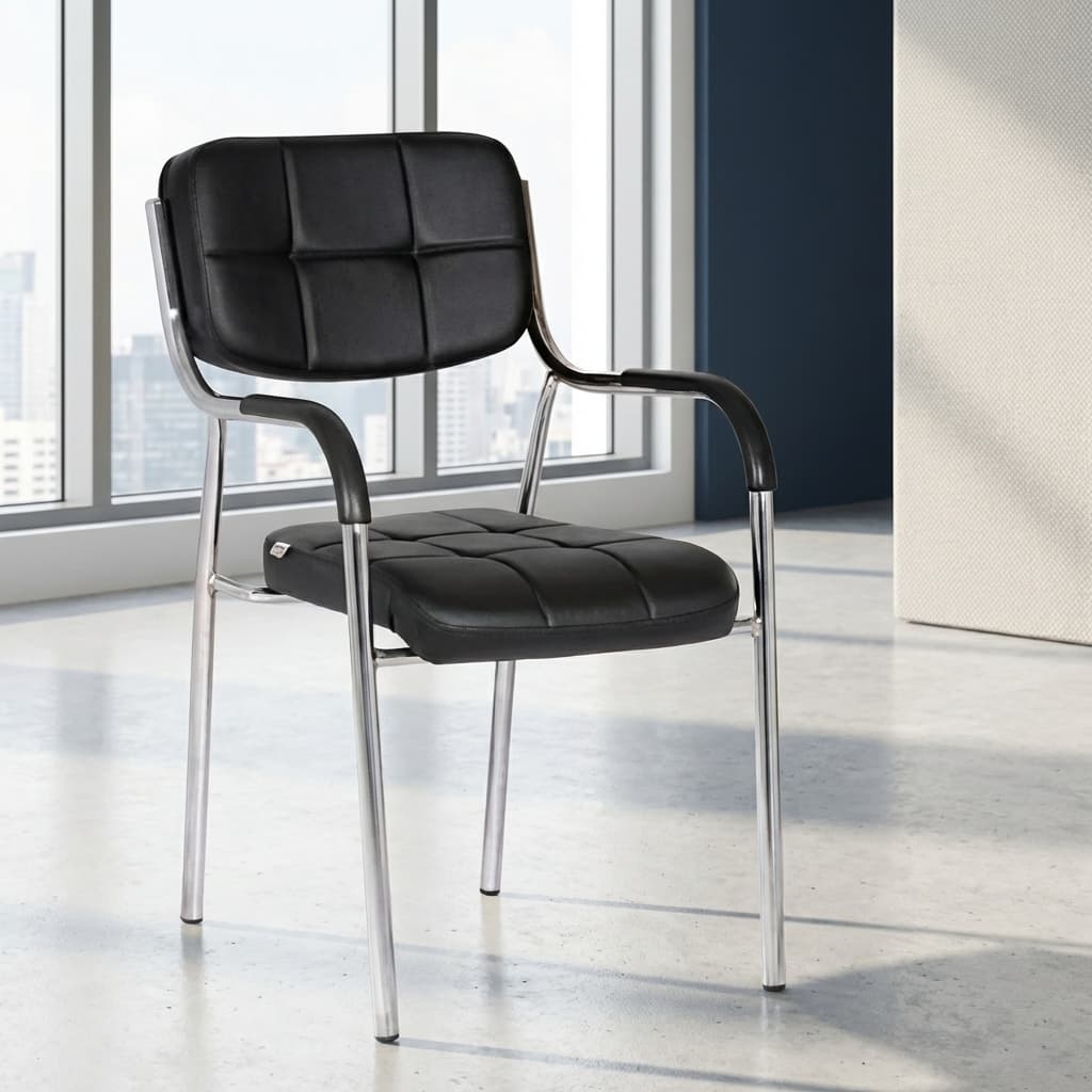 Stackable black leather visitor chair with chrome metal frame and padded armrests for office waiting areas.