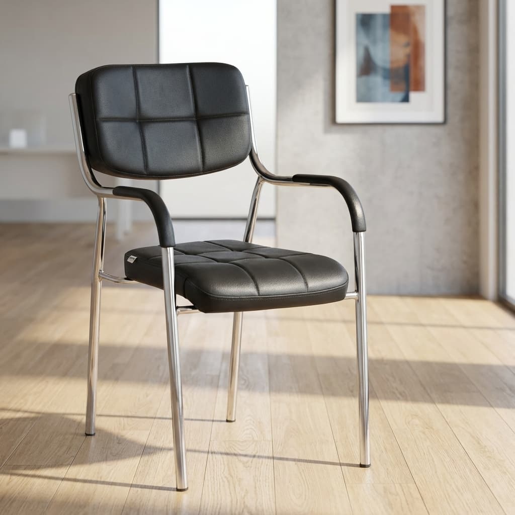 Stackable black leather visitor chair with chrome metal frame and padded armrests for office waiting areas.