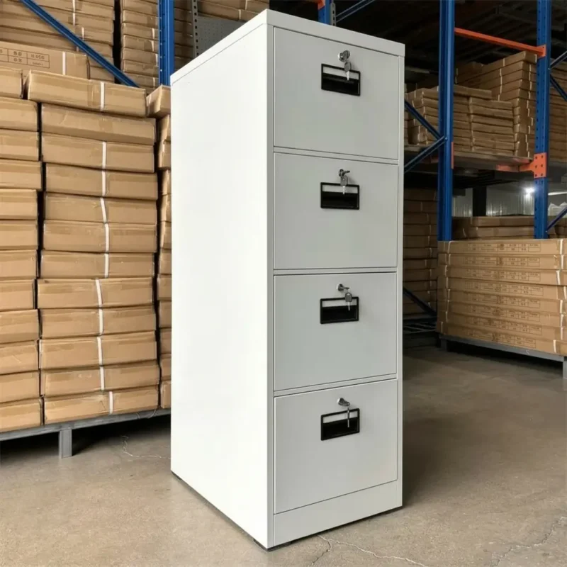 4-drawer vertical office filing cabinet in white metal with individual security locks and easy-pull handles.