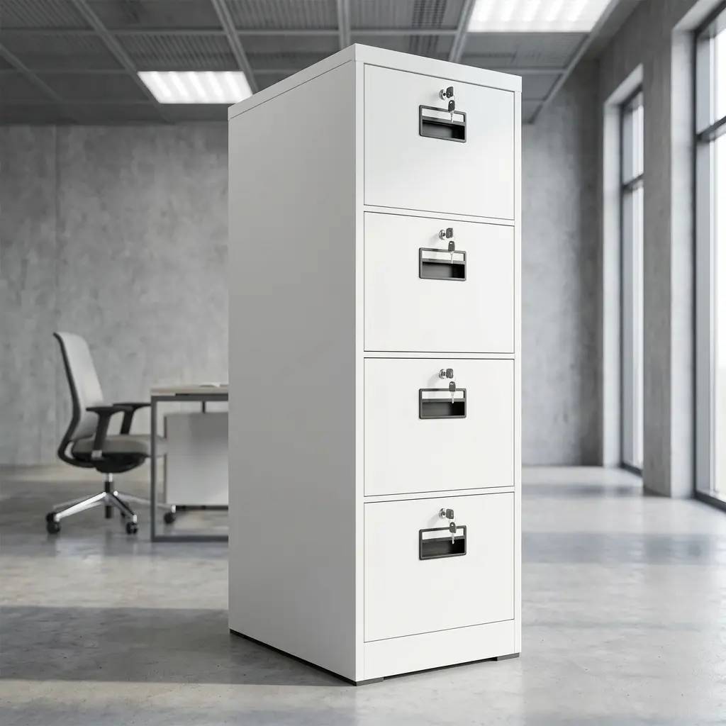 4-drawer vertical office filing cabinet in white metal with individual security locks and easy-pull handles.