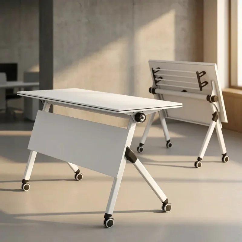 White mobile folding training table with lockable caster wheels and modesty panel, shown in open use and folded storage positions in a modern office.