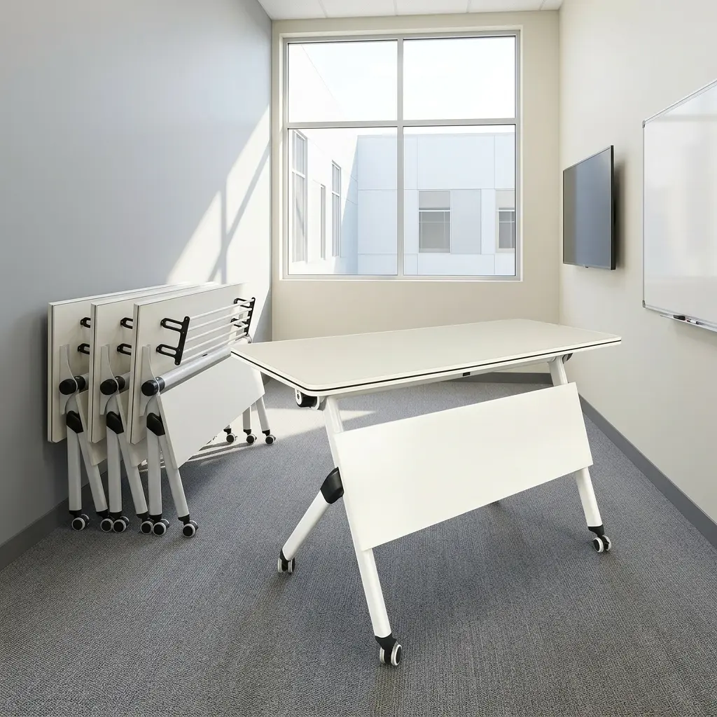 White mobile folding training table with lockable caster wheels and modesty panel, shown in open use and folded storage positions in a modern office.