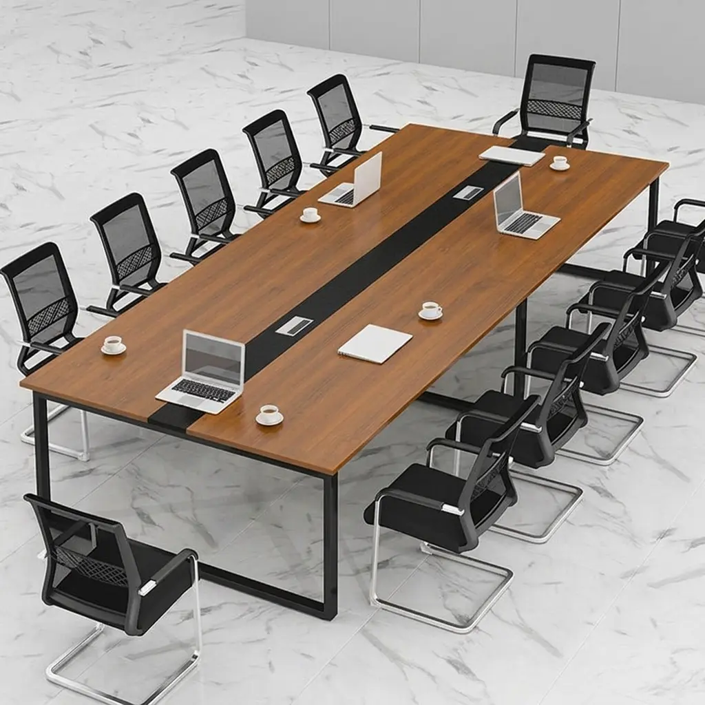 2.4m modern boardroom meeting table with walnut wood top, black cable management center, and industrial metal frame.