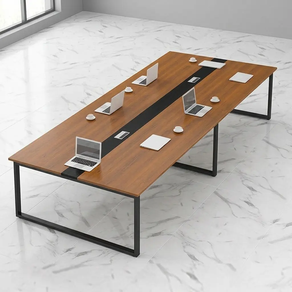 12-seater large conference table for executive boardrooms with walnut wood top, integrated power outlets, and modern black industrial U-legs.