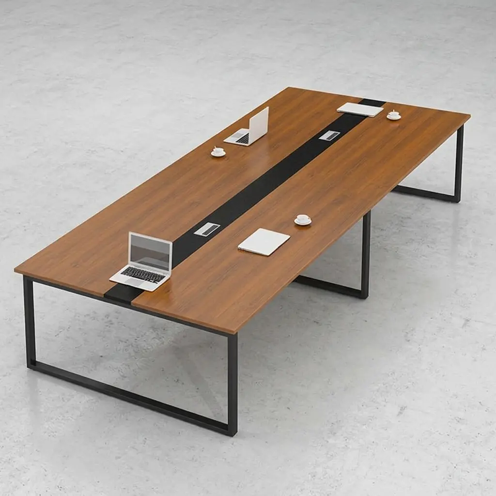 12-seater large conference table for executive boardrooms with walnut wood top, integrated power outlets, and modern black industrial U-legs.