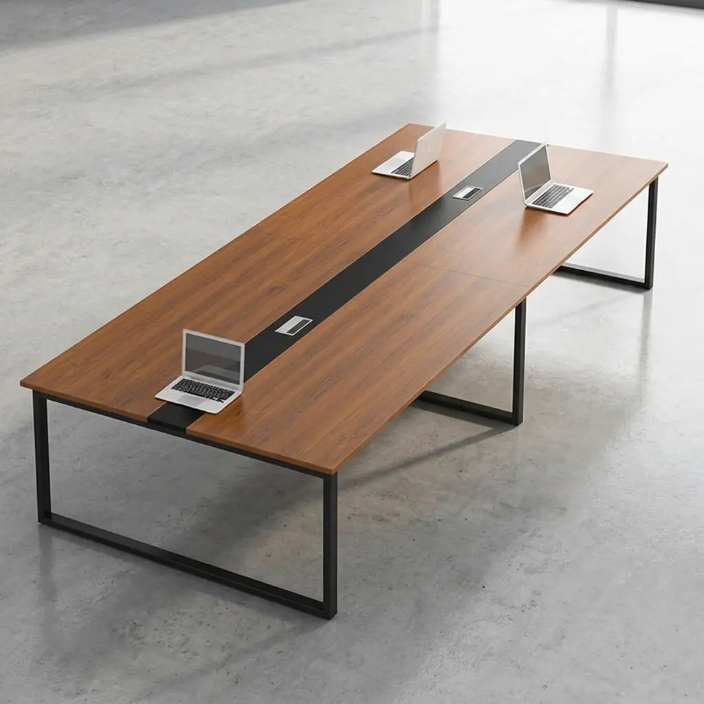 12-seater large conference table for executive boardrooms with walnut wood top, integrated power outlets, and modern black industrial U-legs.