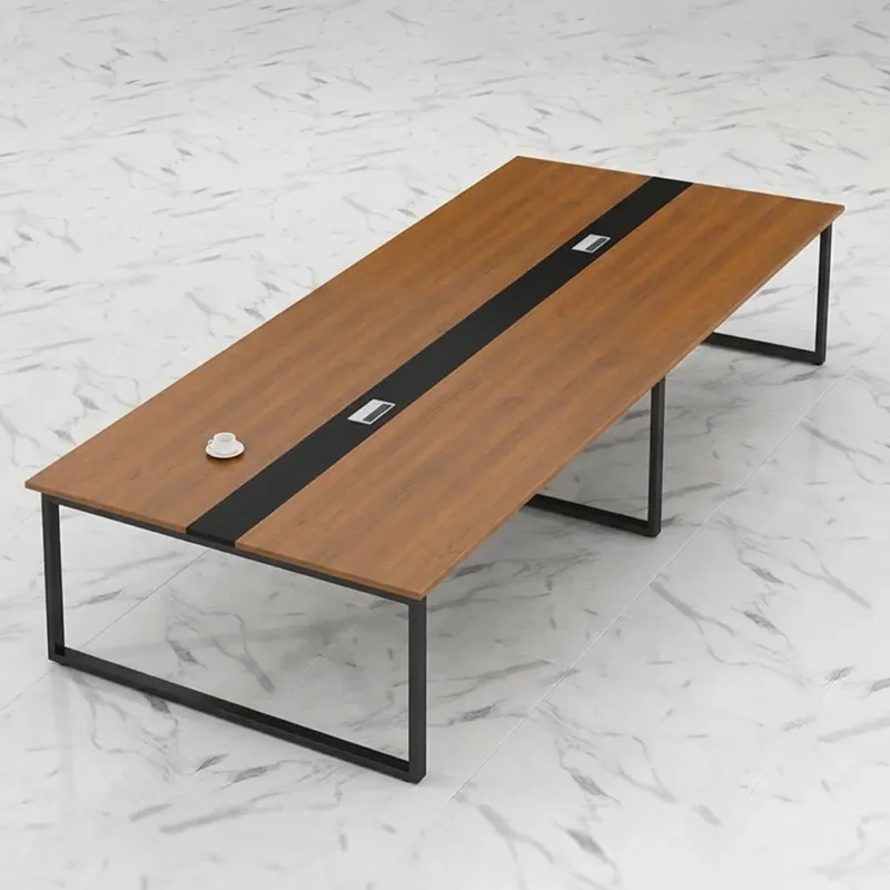 12-seater large conference table for executive boardrooms with walnut wood top, integrated power outlets, and modern black industrial U-legs.