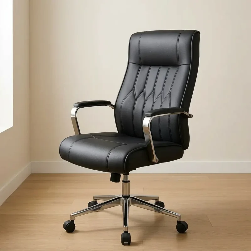 Luxury high-back leather office chair in black with ergonomic diamond-stitched backrest, padded chrome armrests, and a heavy-duty swiveling star base on a light wood floor.