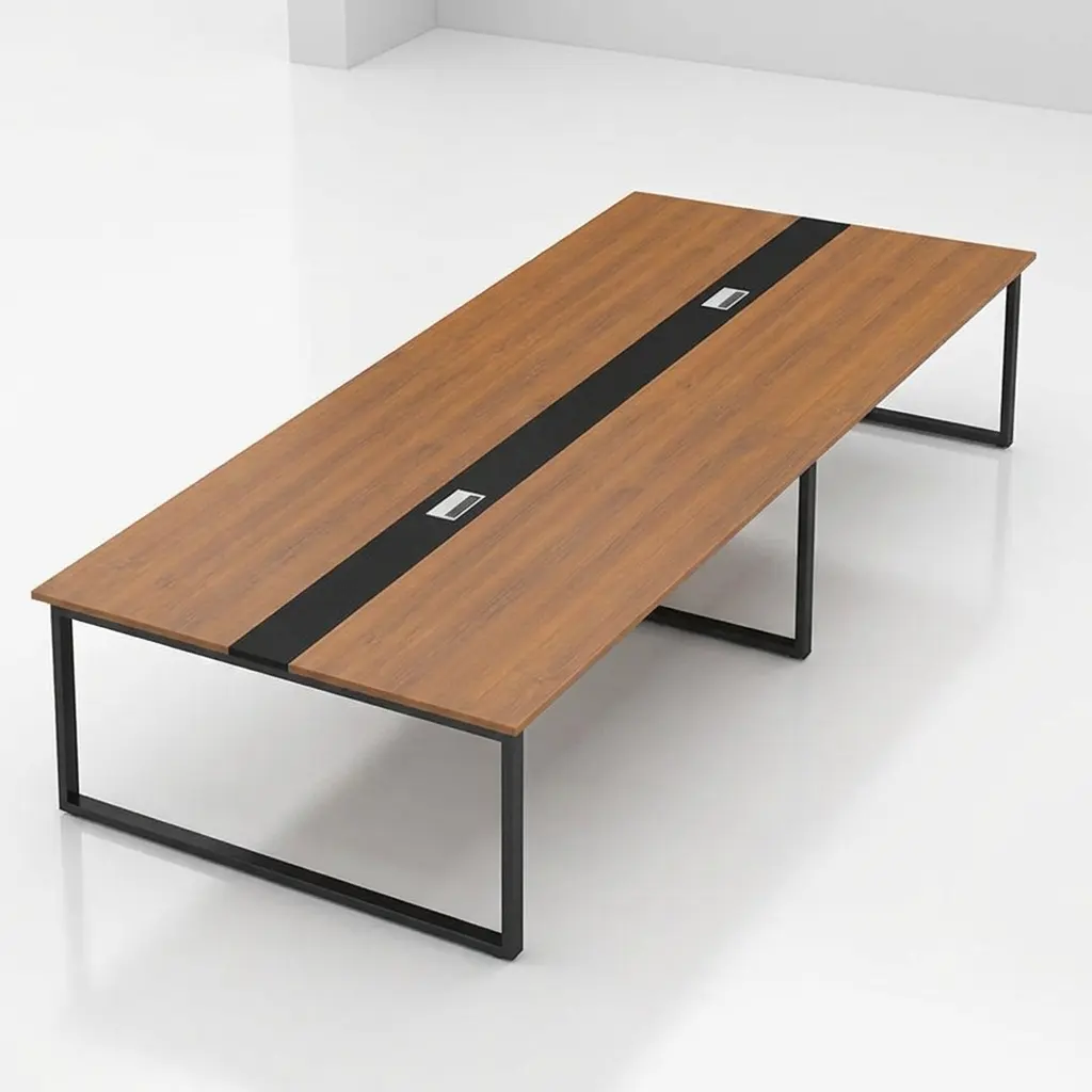 12-seater large conference table for executive boardrooms with walnut wood top, integrated power outlets, and modern black industrial U-legs.