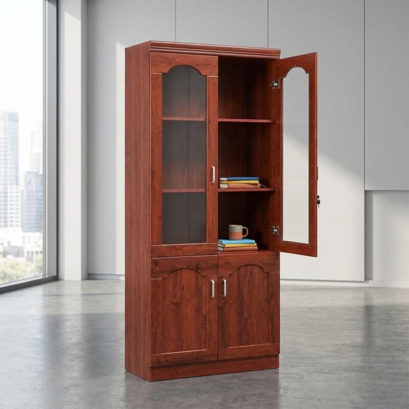 2-door mahogany wooden filing cabinet with glass display doors, locking storage cupboards, and adjustable shelves.