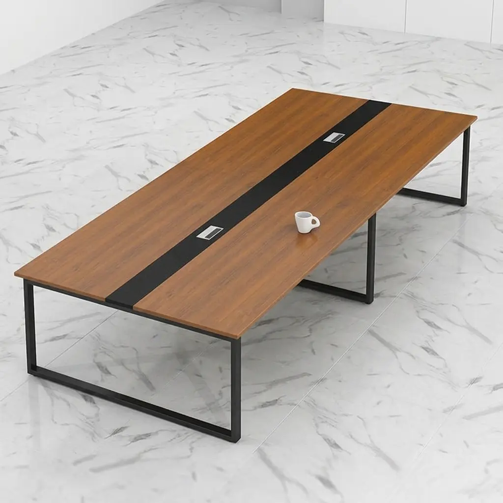 12-seater large conference table for executive boardrooms with walnut wood top, integrated power outlets, and modern black industrial U-legs.