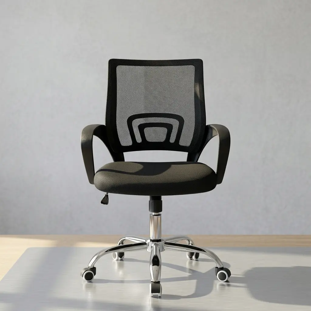 Black secretarial mesh office chair with breathable backrest, chrome swivel base, and ergonomic lumbar support.