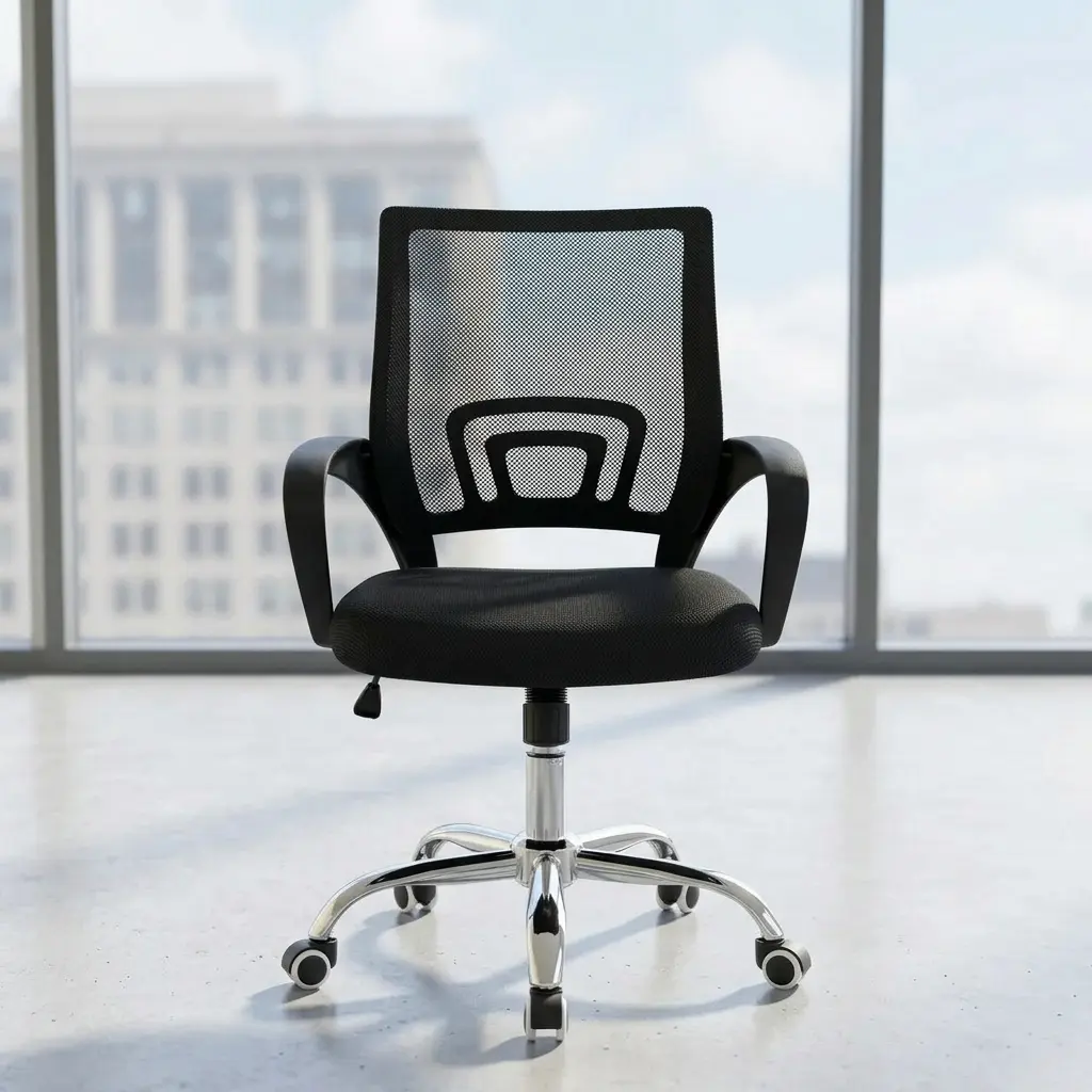 Black secretarial mesh office chair with breathable backrest, chrome swivel base, and ergonomic lumbar support.