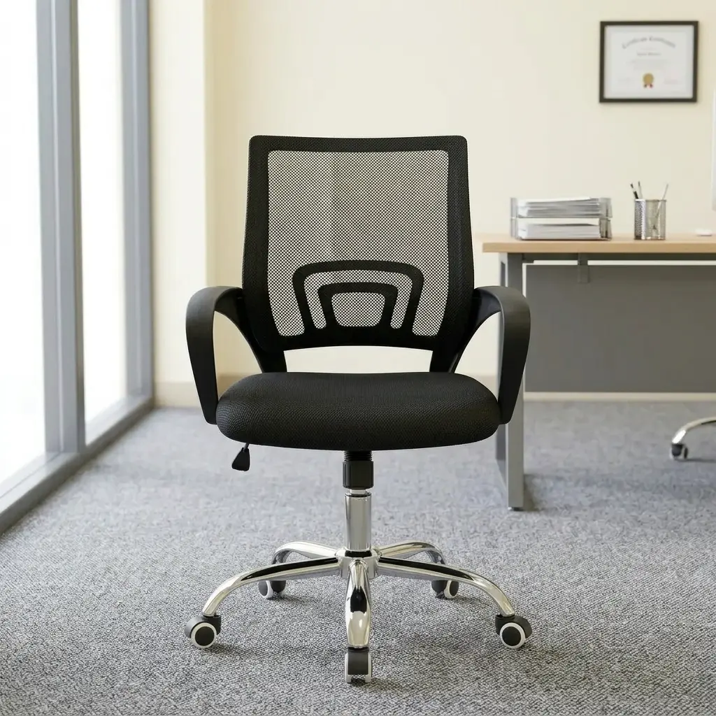 Black secretarial mesh office chair with breathable backrest, chrome swivel base, and ergonomic lumbar support.