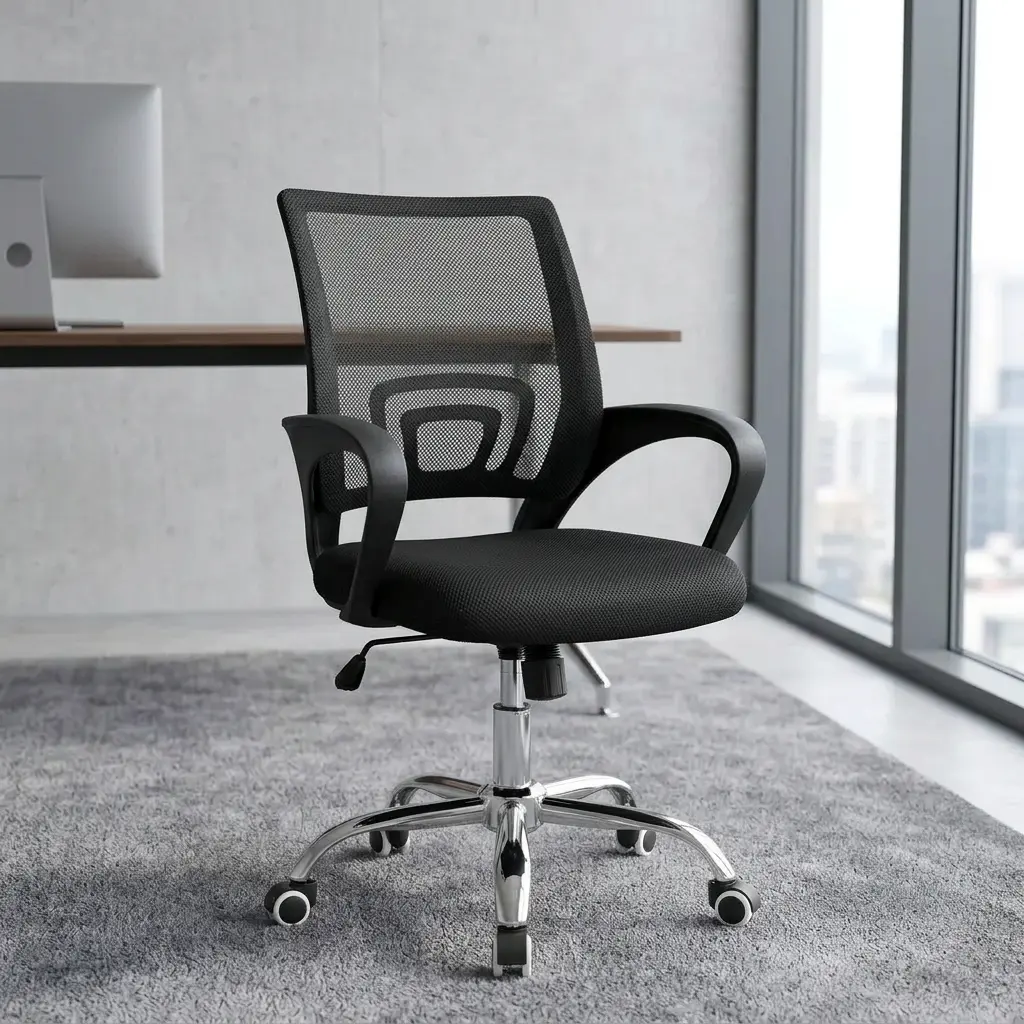 Black secretarial mesh office chair with breathable backrest, chrome swivel base, and ergonomic lumbar support.