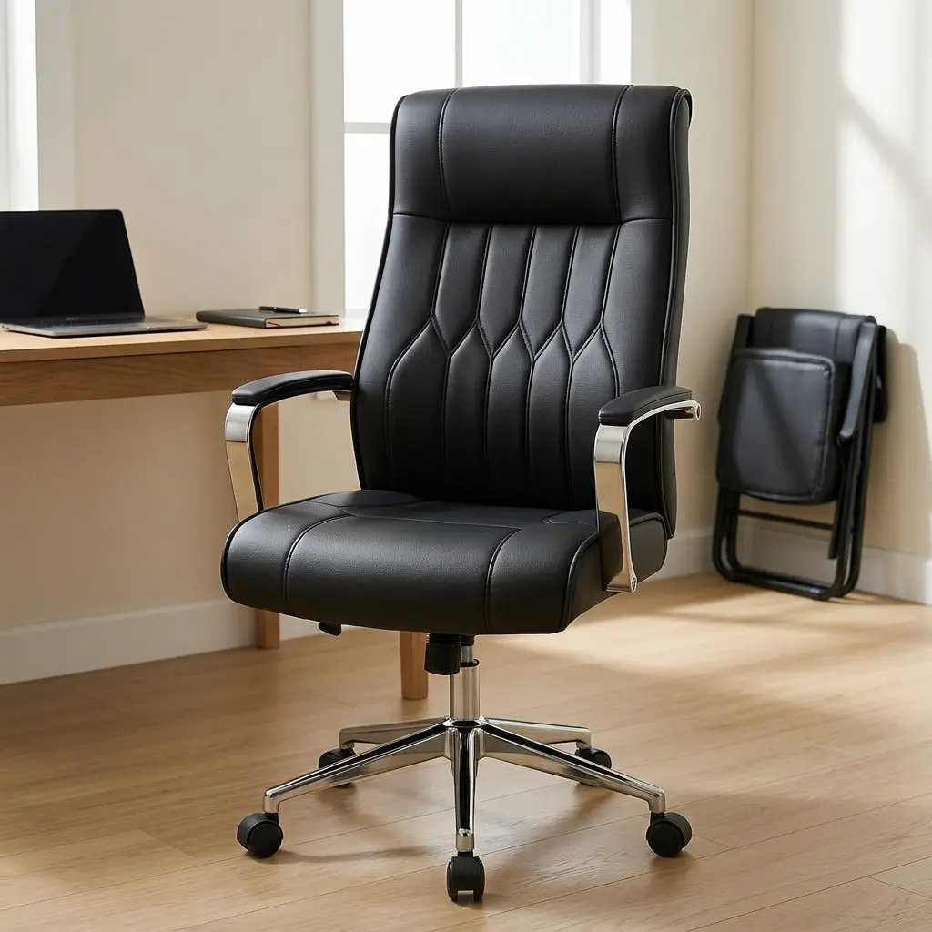 Luxury high-back leather office chair in black with ergonomic diamond-stitched backrest, padded chrome armrests, and a heavy-duty swiveling star base on a light wood floor.