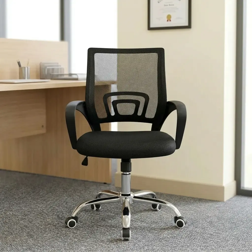 Black secretarial mesh office chair with breathable backrest, chrome swivel base, and ergonomic lumbar support.