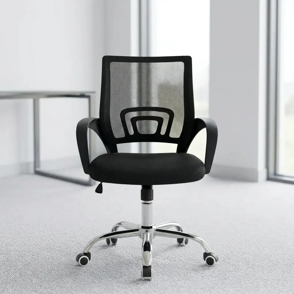 Black secretarial mesh office chair with breathable backrest, chrome swivel base, and ergonomic lumbar support.