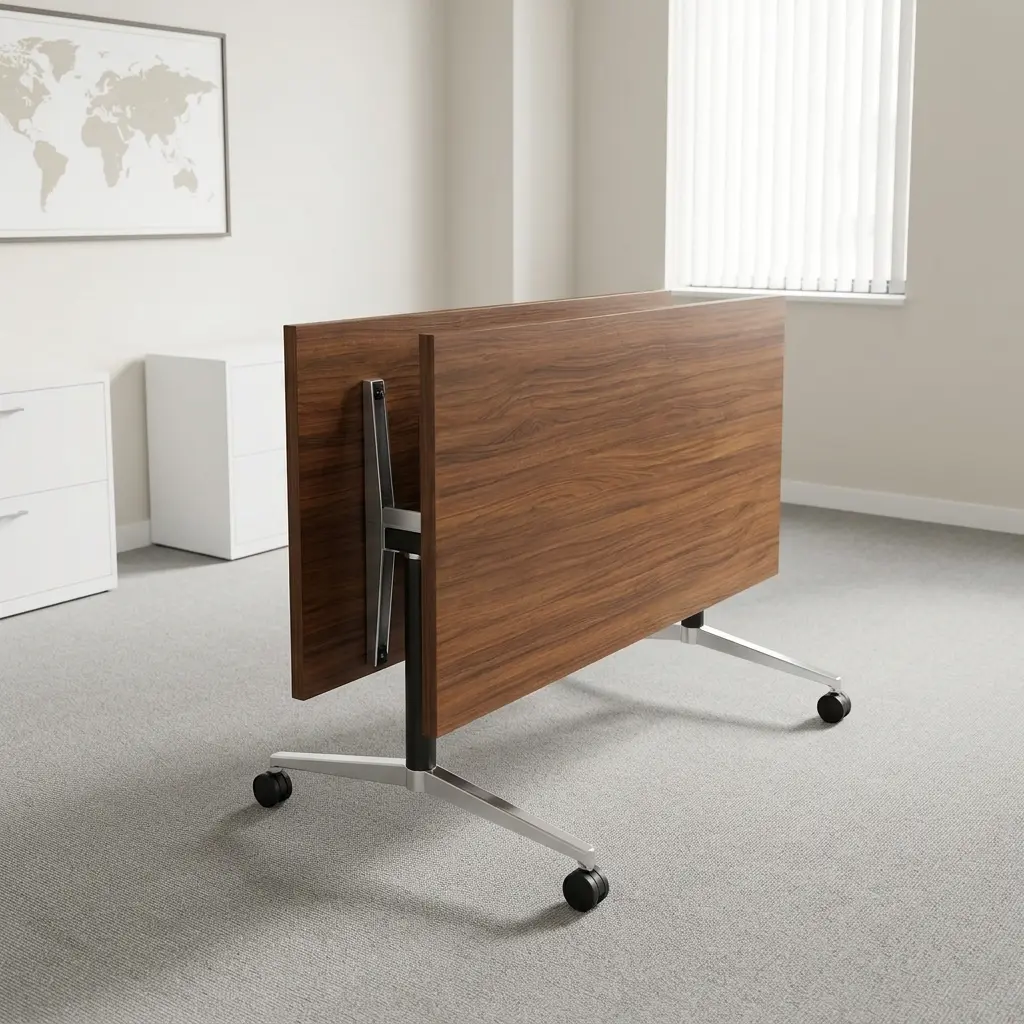 Modern 2.4m foldable conference table in a walnut wood grain finish, shown in a flipped vertical space-saving position with a mobile chrome leg base on wheels.