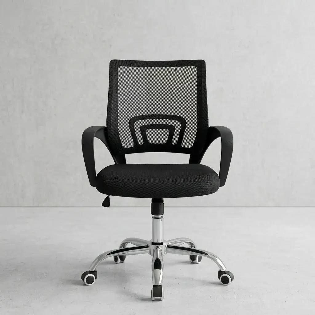 Black secretarial mesh office chair with breathable backrest, chrome swivel base, and ergonomic lumbar support.