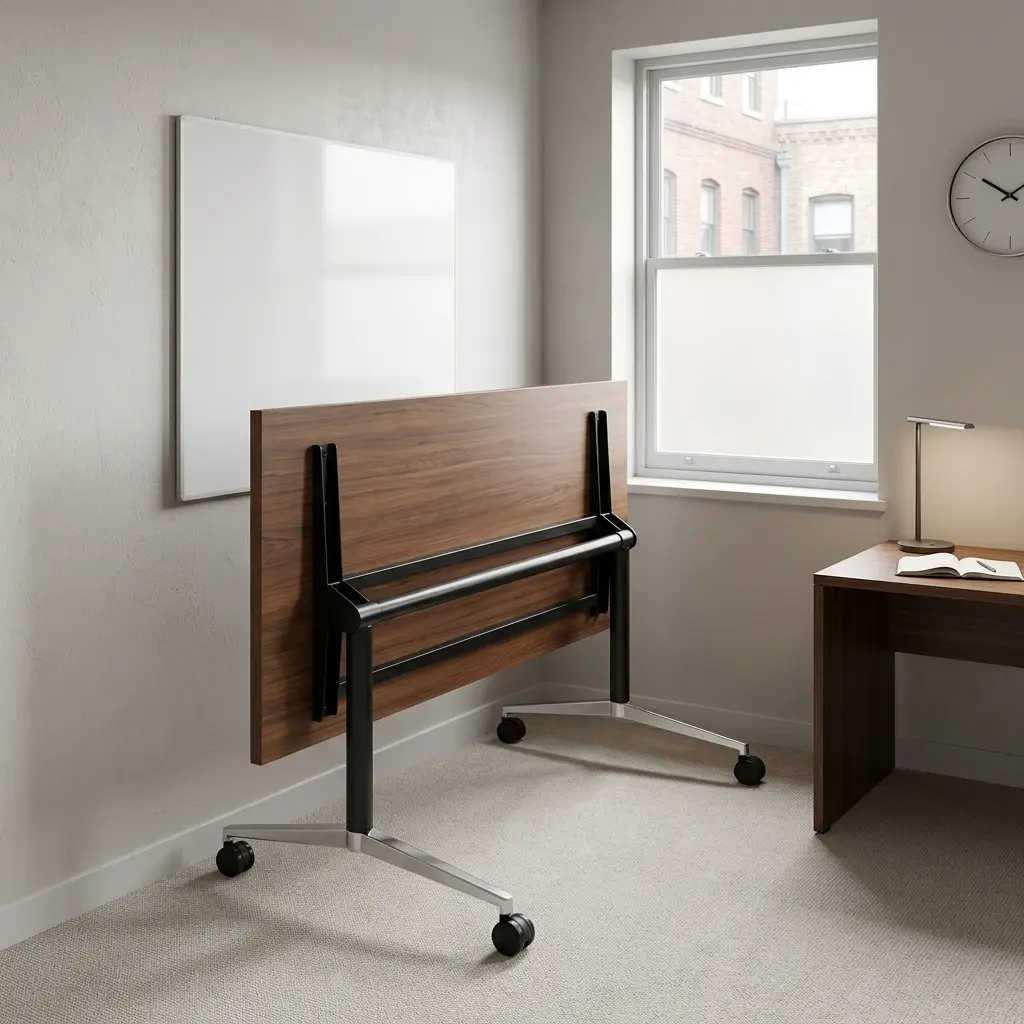 Modern 2.4m foldable conference table in a walnut wood grain finish, shown in a flipped vertical space-saving position with a mobile chrome leg base on wheels.
