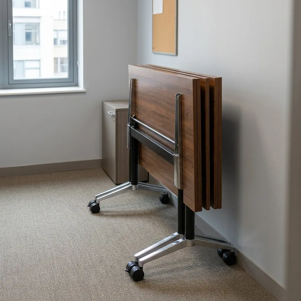 Modern 2.4m foldable conference table in a walnut wood grain finish, shown in a flipped vertical space-saving position with a mobile chrome leg base on wheels.