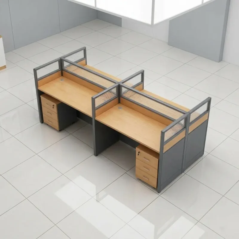 4-way office workstation desk with oak wood finish, privacy glass partitions, and integrated 3-drawer mobile pedestals.
